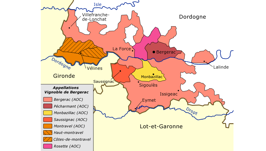 Karte von Bergerac mit Appellationen (wie z. B. Monbazillac)