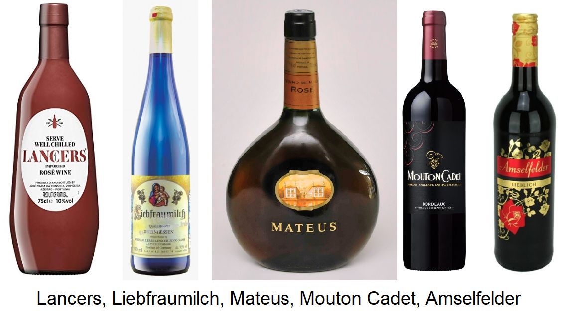 Markenwein - Flaschen:  Lancers, Liebfraumilch, Mateus, Mouton Cadet, Amselfelder