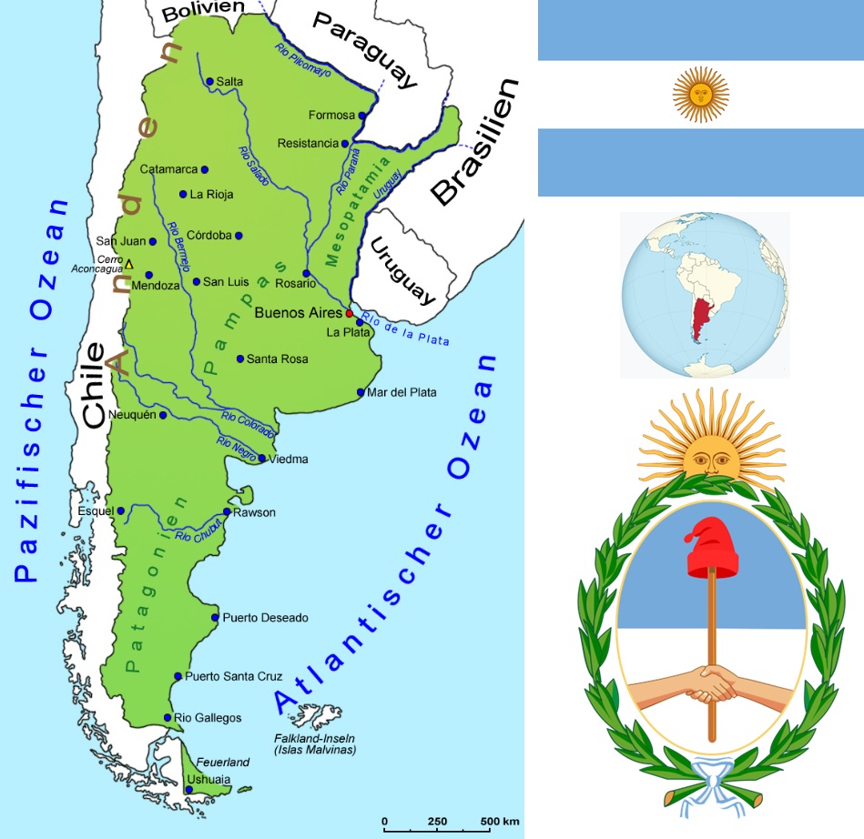 Argentinien - Landkarte, Flagge, Wappen