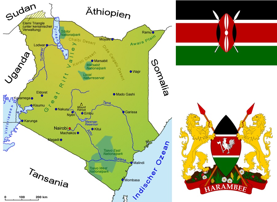 Kenia - Landkarte, Flagge und Wappen