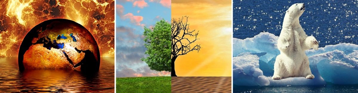 Klimawandel - brennende Erde, verdorrter Baum, Eisbär auf Scholle