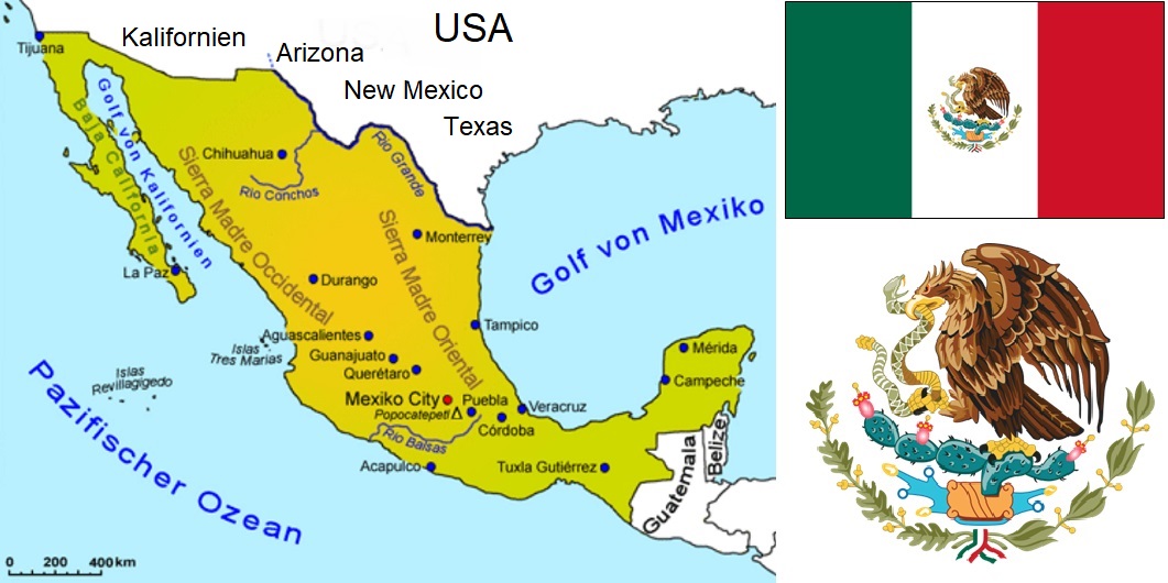 Mexiko - Landkarte, Flagge und Wappen