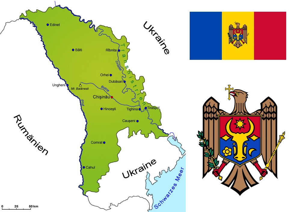Moldawien - Landkarte, Flagge und Wappen