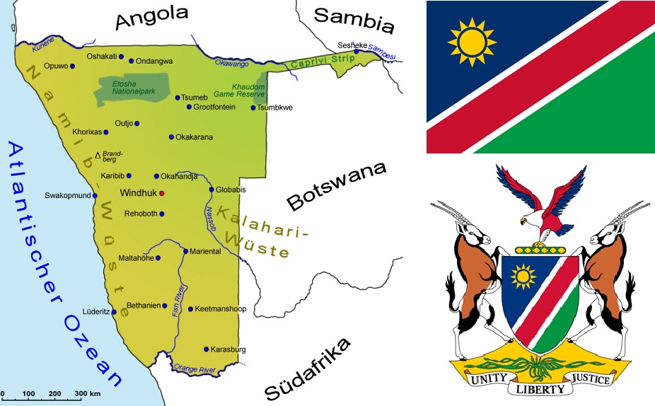 Namibia - Landkarte, Flagge und Wappen