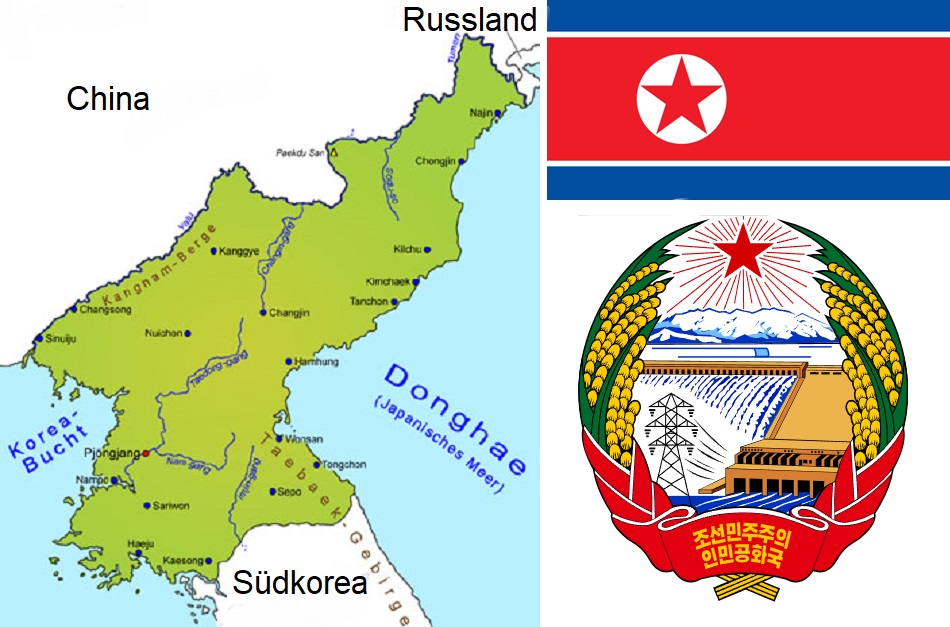 Nordkorea - Landkarte, Flagge, Wappen