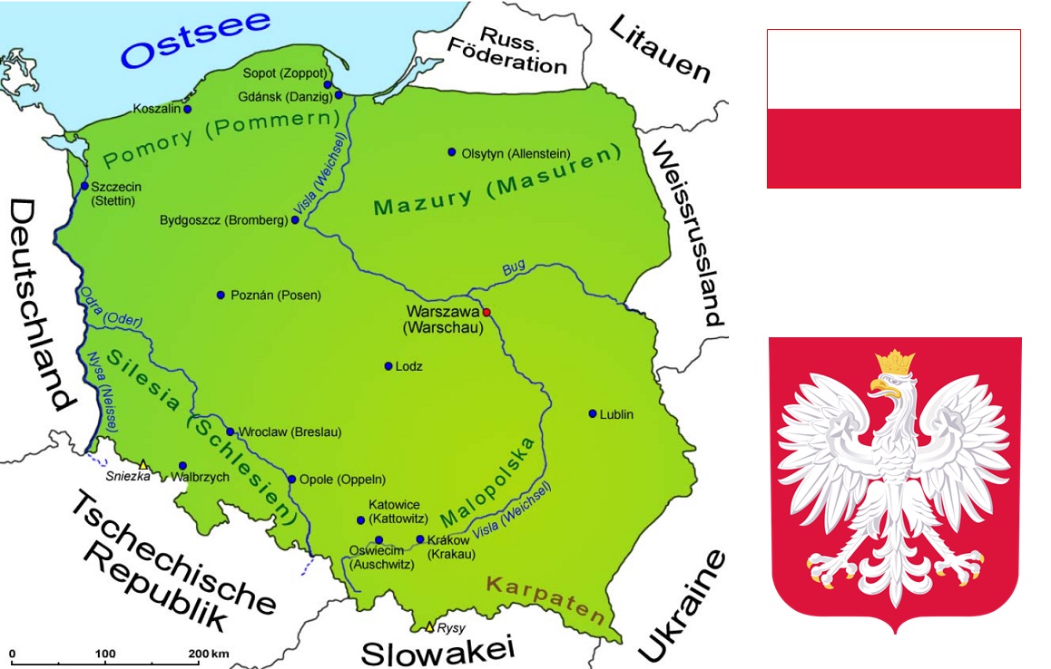 Polen - Landkarte, Flagge und Wappen