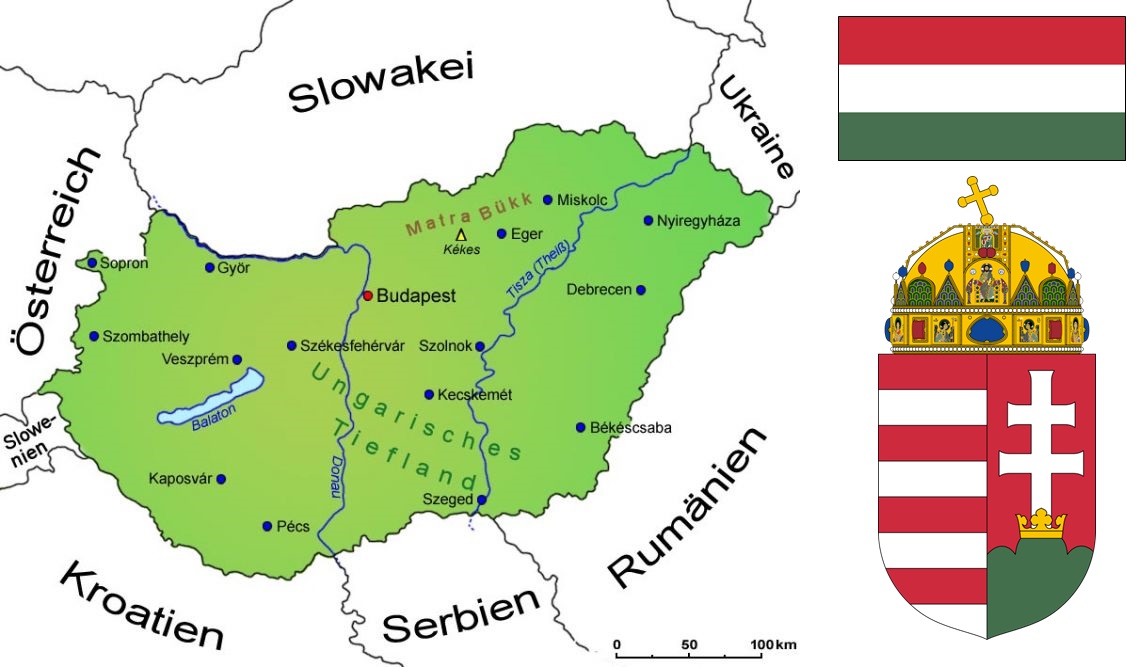 Ungarn - Landkarte, Flagge und Wappen