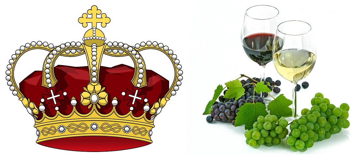 Wein der Könige - König der Weine: Krone, Weintrauben und Gläser