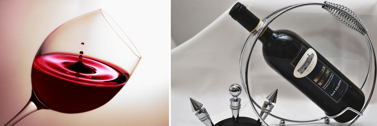 Weingenuss - Glas mit Rotwein / Brunello di Montalcino in Flaschenständer und Verschlussstücke